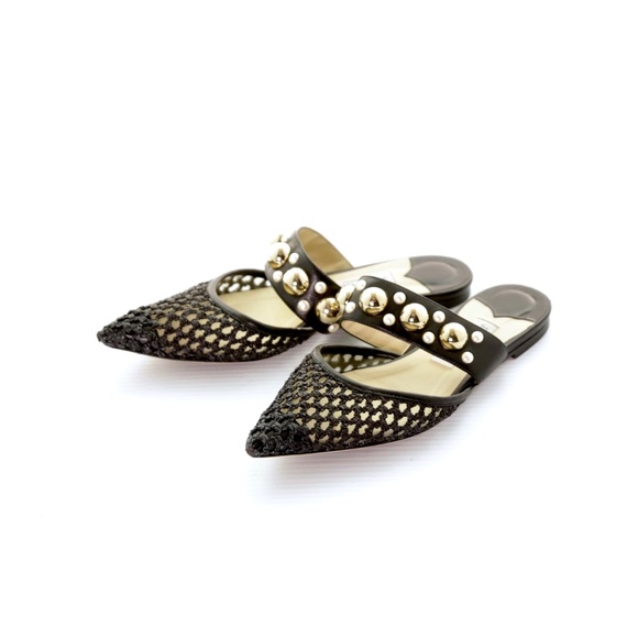 Jimmy Choo Basette Black Woven Embellished Studded Raffia Leather Flat Mule 39/9 - Picture 3 of 9
